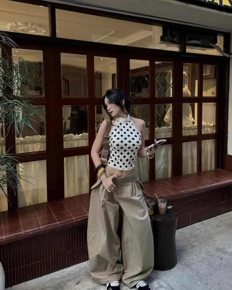 Polka Dot Top + Oversized Cargo Trousers