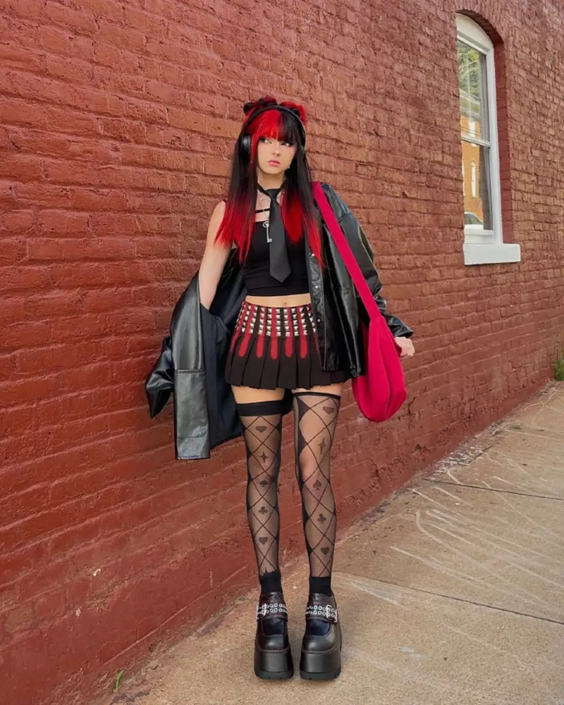 Red-Black Skirt Look