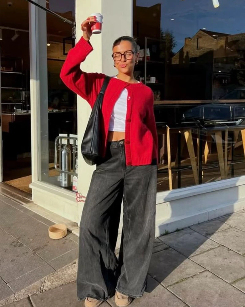 Red Cardigan & Grey Wide-Leg