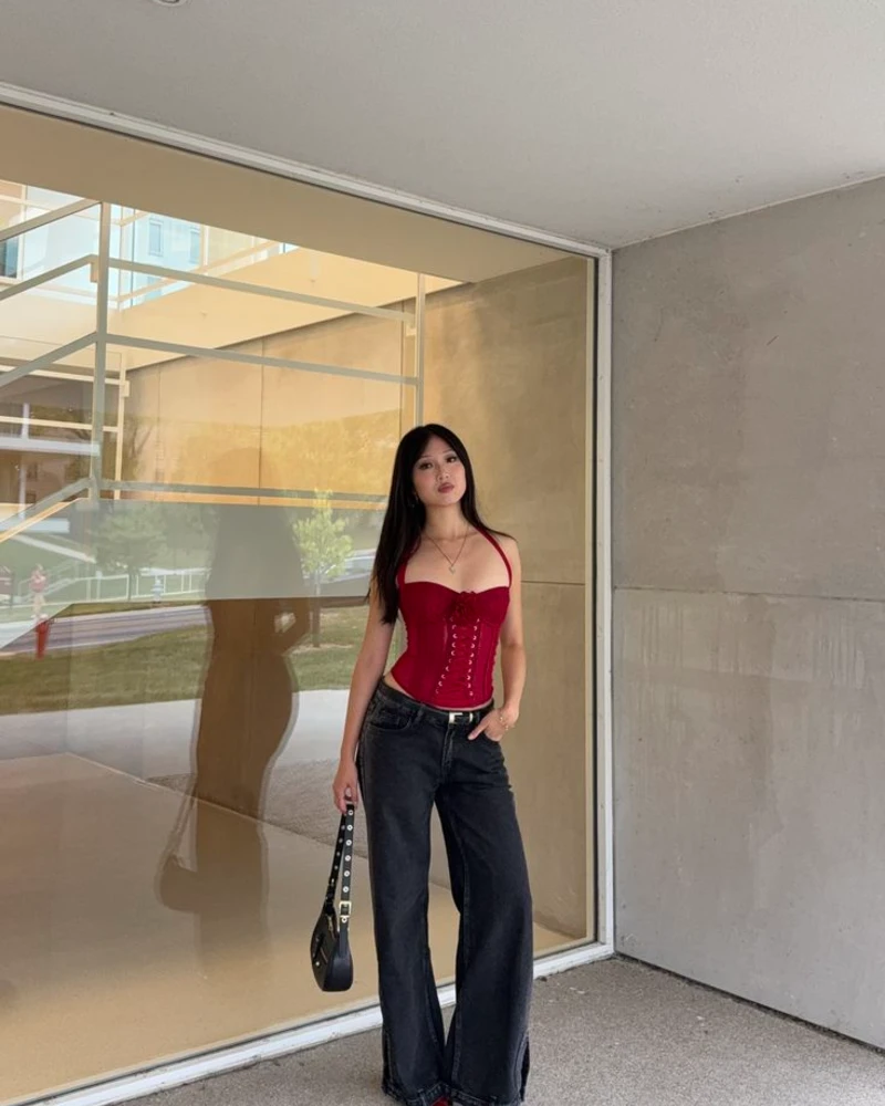 Red Corset Top and Wide-Leg Black Denim