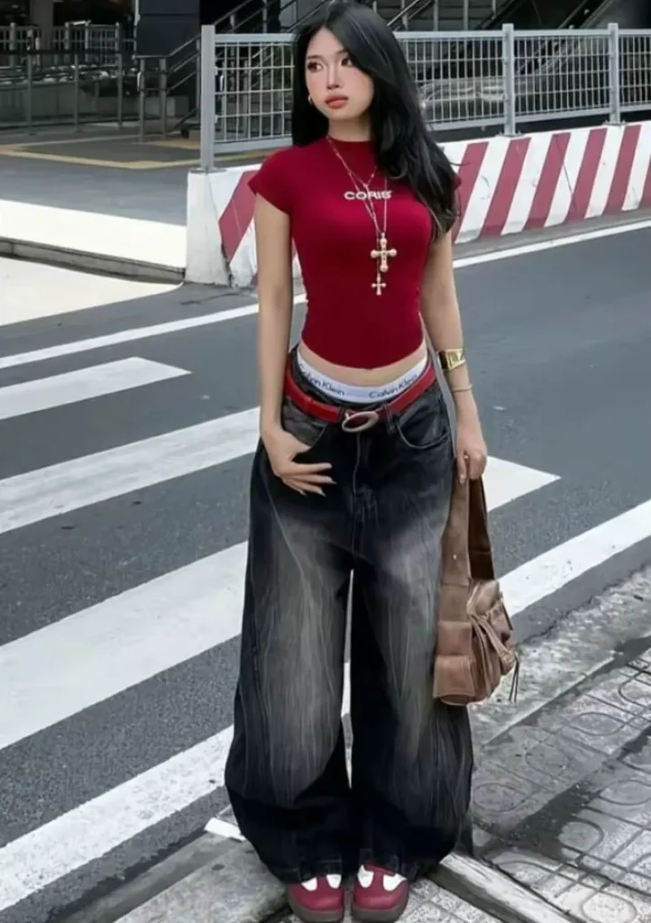 Red Crop Top with Layered Cross Necklaces
