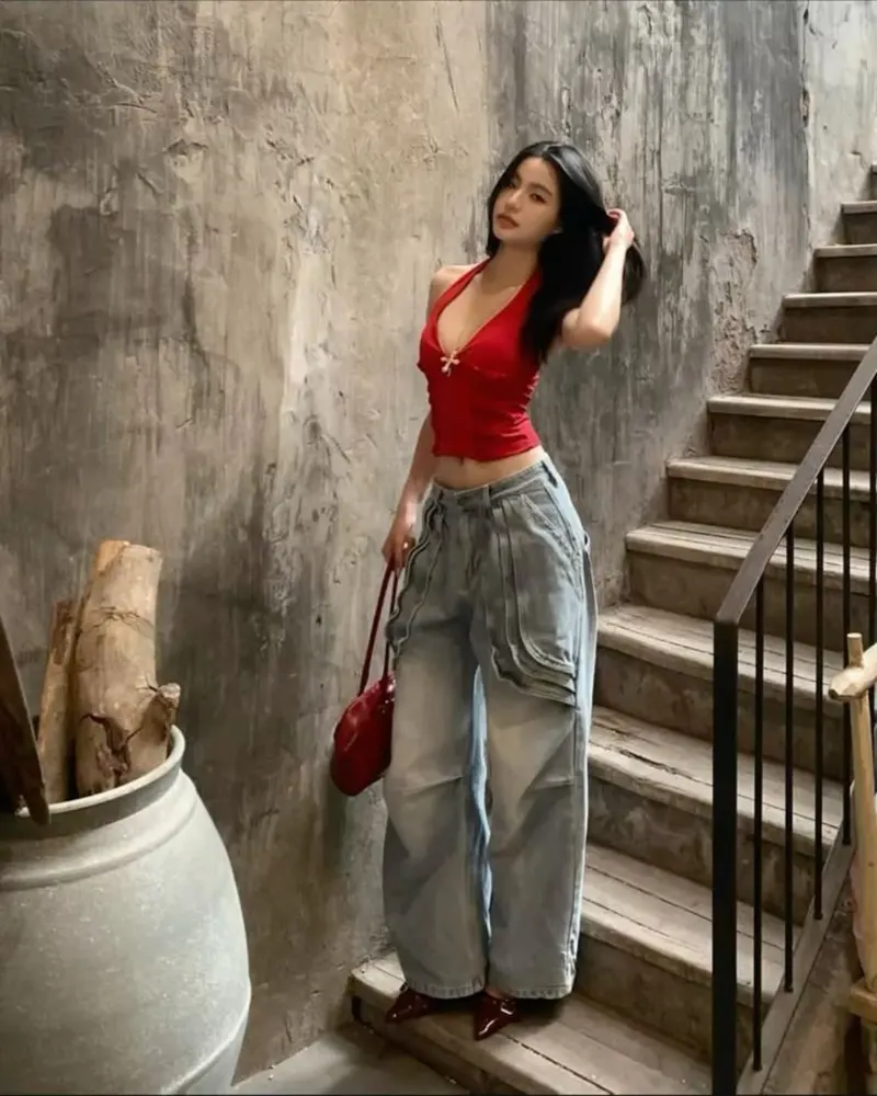  Red Halter Top with Light-Wash Cargo Jeans