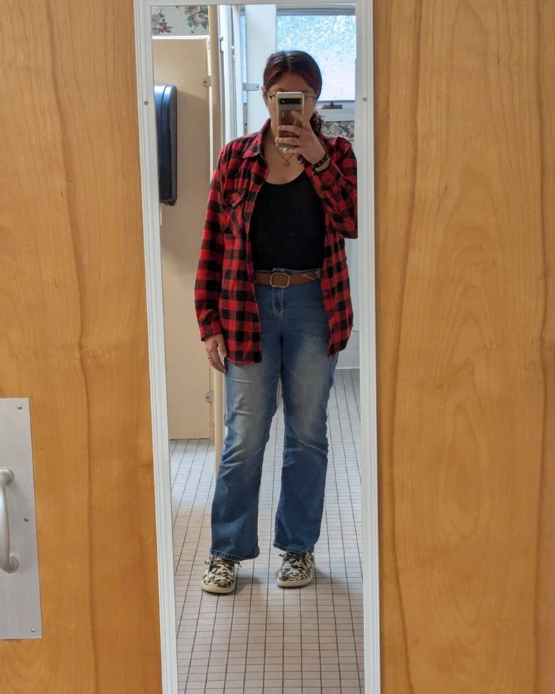 Red Plaid Overshirt With Dark Denim