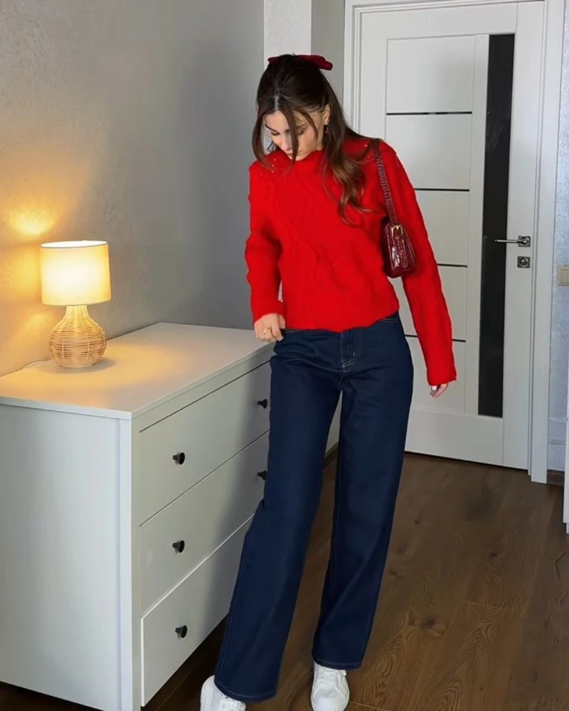 Red Sweater With Dark Wide Leg Jeans