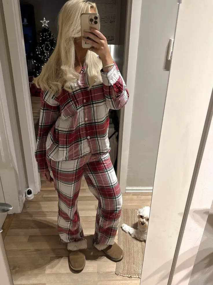  Red Tartan Pajamas With Shearling Slippers