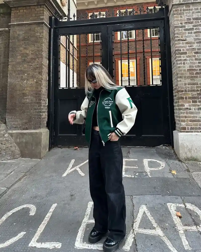 Relaxed Denim, a Turtleneck, and a Varsity Jacket