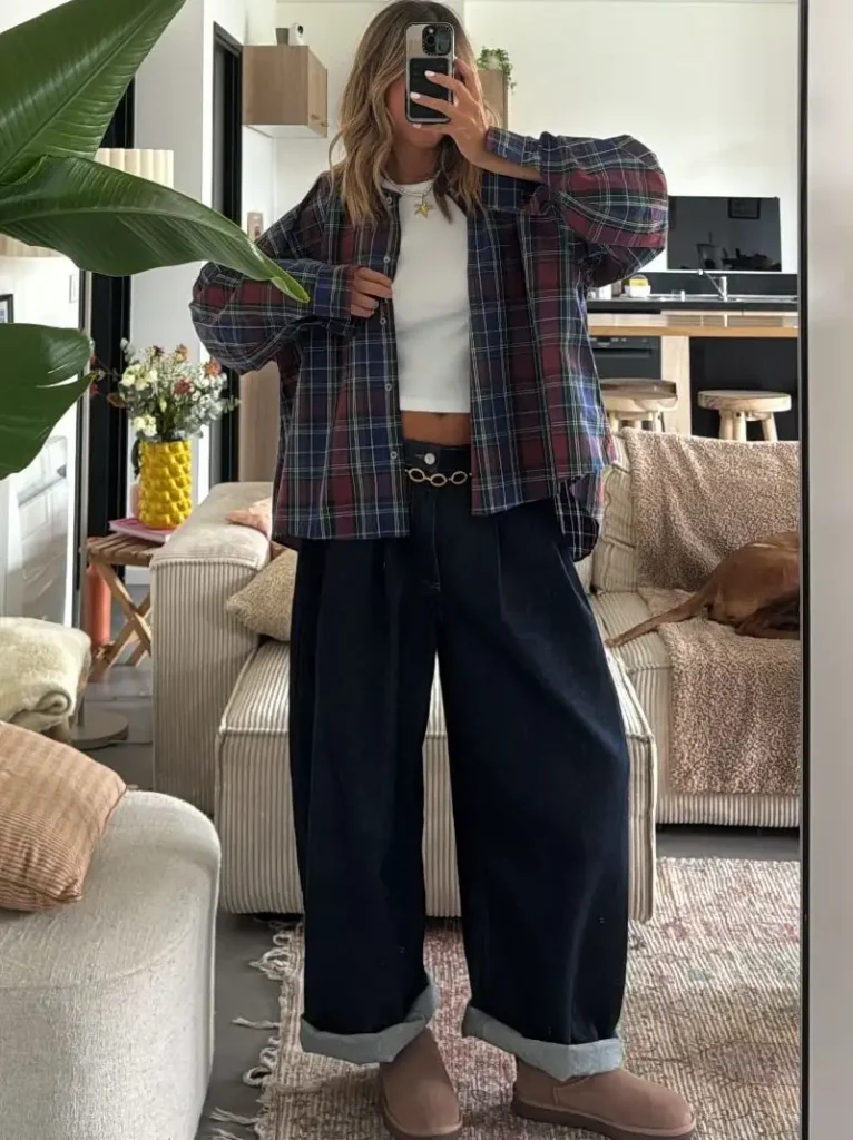 Relaxed Jeans, a Fitted Tee, and an Open Flannel Shirt