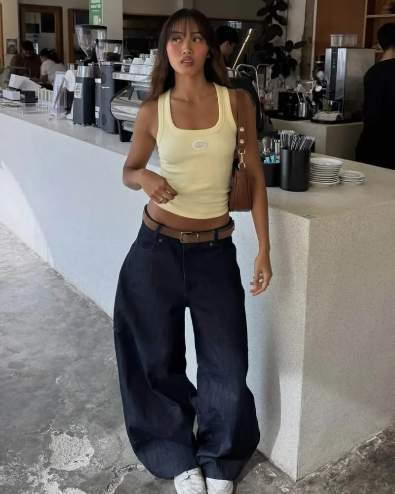 Ribbed Tank & Belted Wide-Leg Jeans