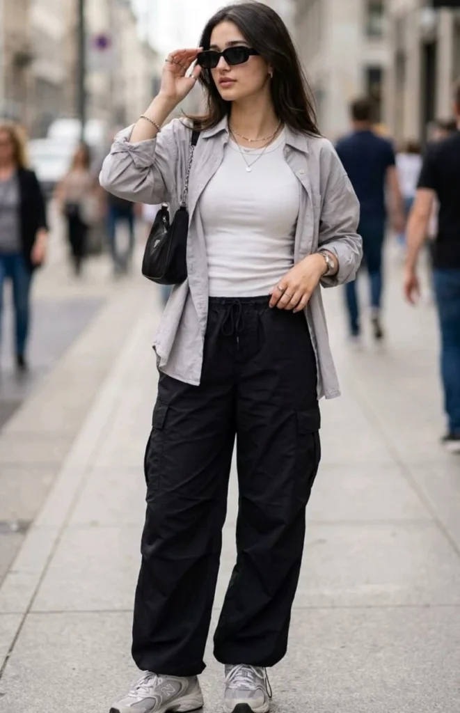 Ribbed tank, cargo pants, and an open shirt