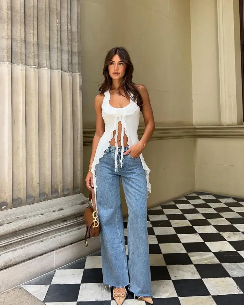 Ruffled White Top With Wide-Leg Jeans