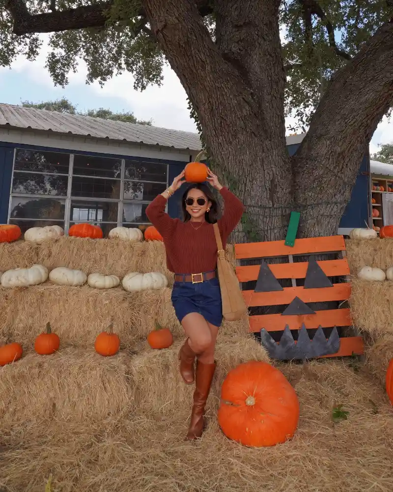 Rust Sweater with Denim Mini Skirt