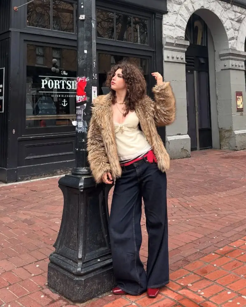 Shaggy Tan Coat & Flared Denim