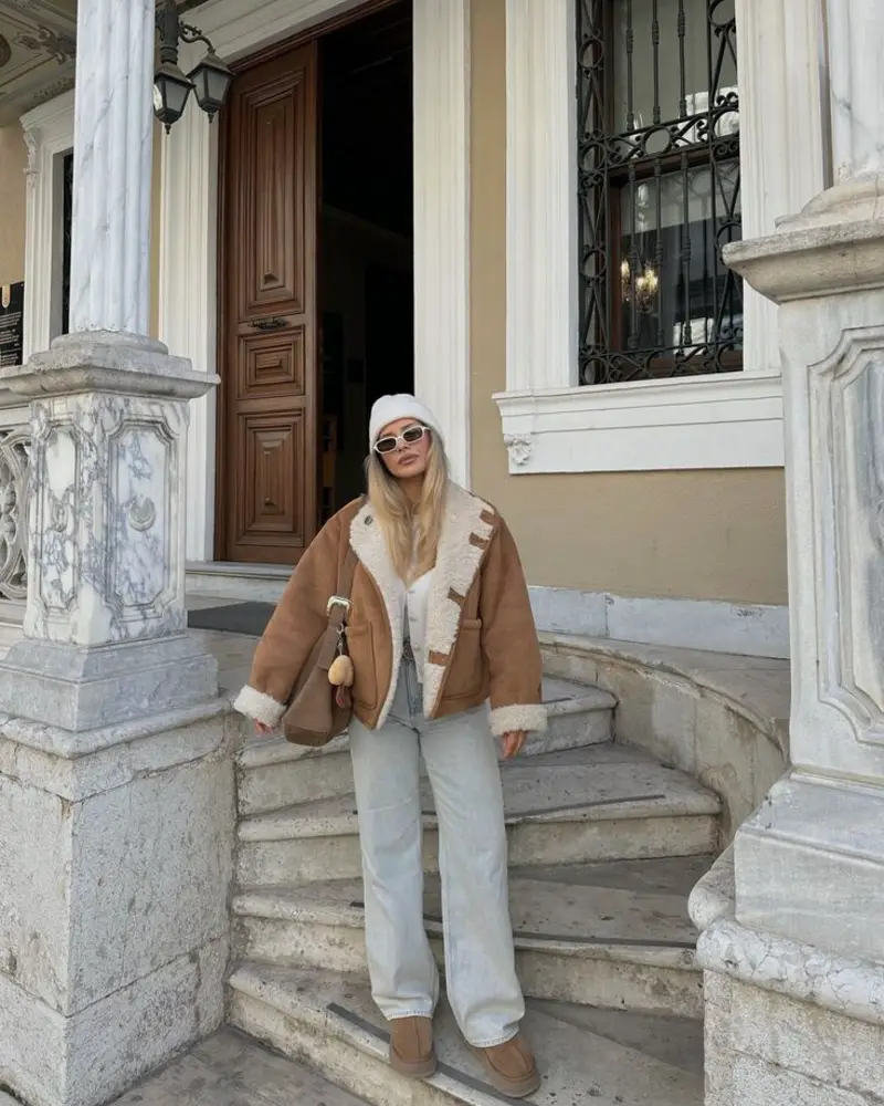Shearling-Trim Jacket on Marble Steps