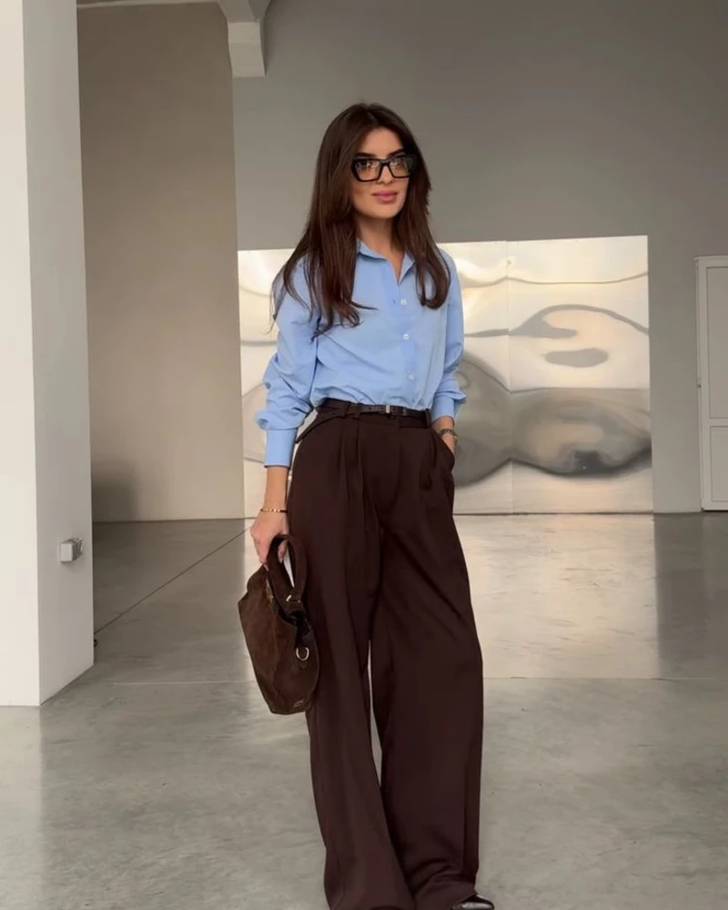  Sky Blue Shirt + Chocolate Wide-Leg Trousers
