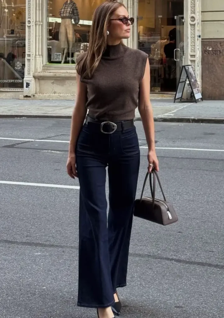 Sleeveless Turtleneck + Flared Trousers