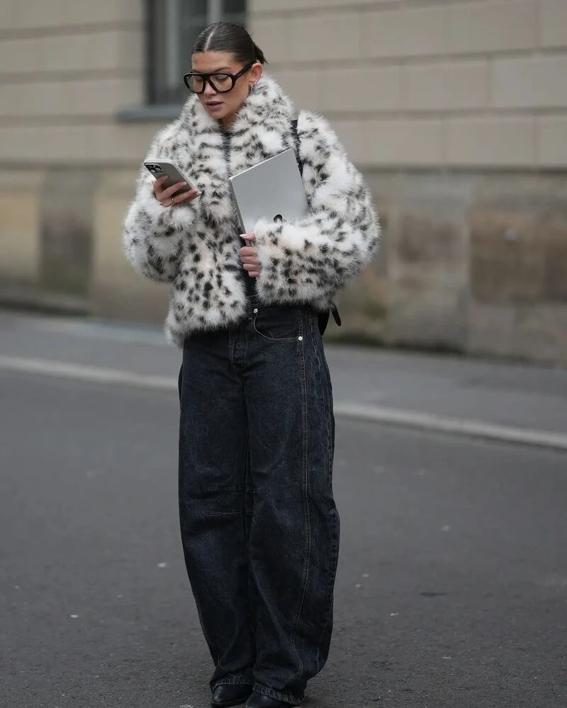 Snow Leopard Fur Jacket + Black Wide-Leg Denim
