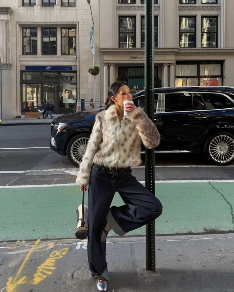 Spotted Fur Jacket & Silver Loafers