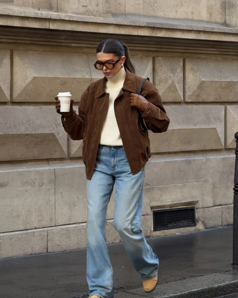 Straight Jeans, a Ribbed Sweater, and a Suede Jacket