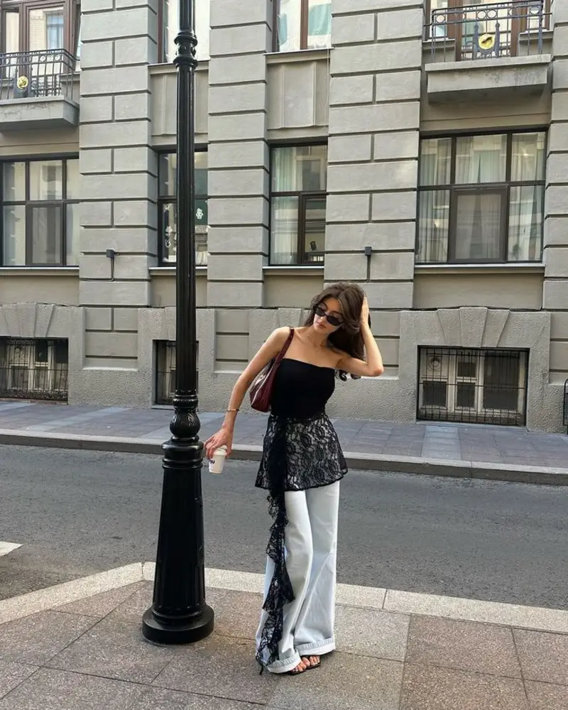  Strapless Top With Lace-Layered Trousers