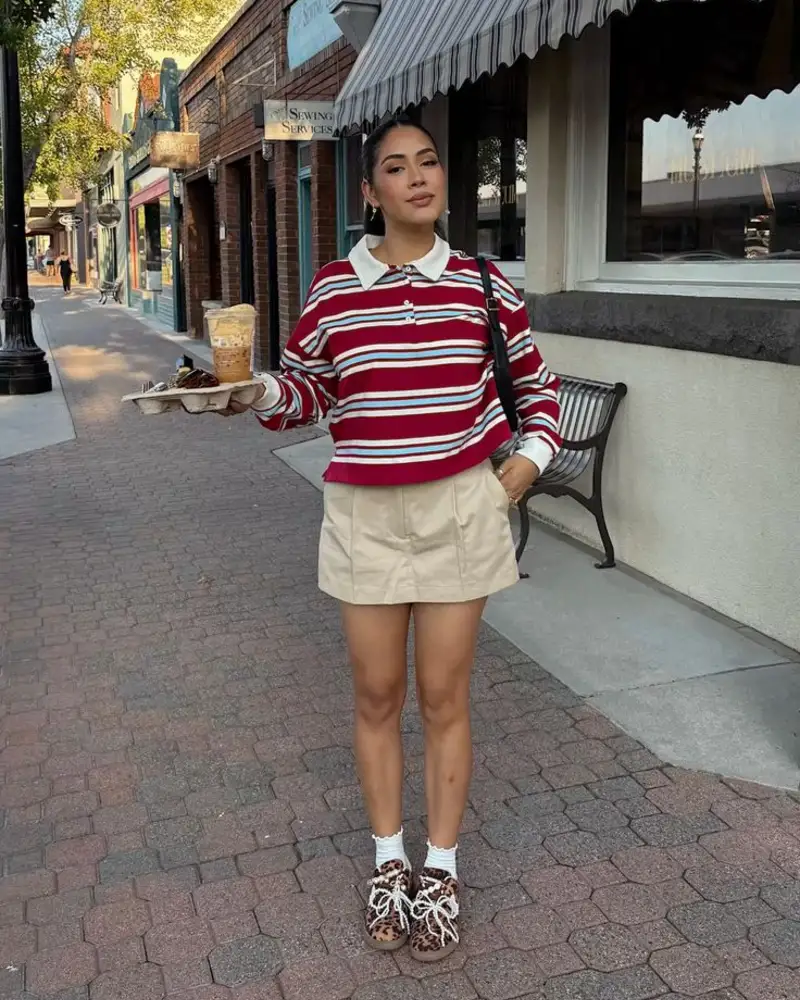 Striped Collared Sweater with a Tan Mini Skirt