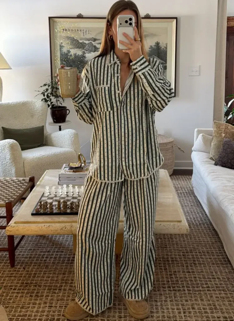 Striped Cotton Pajamas With Slippers