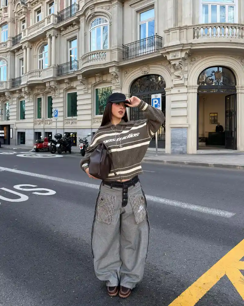Striped Crop Sweater & Detailed Cargo Trousers