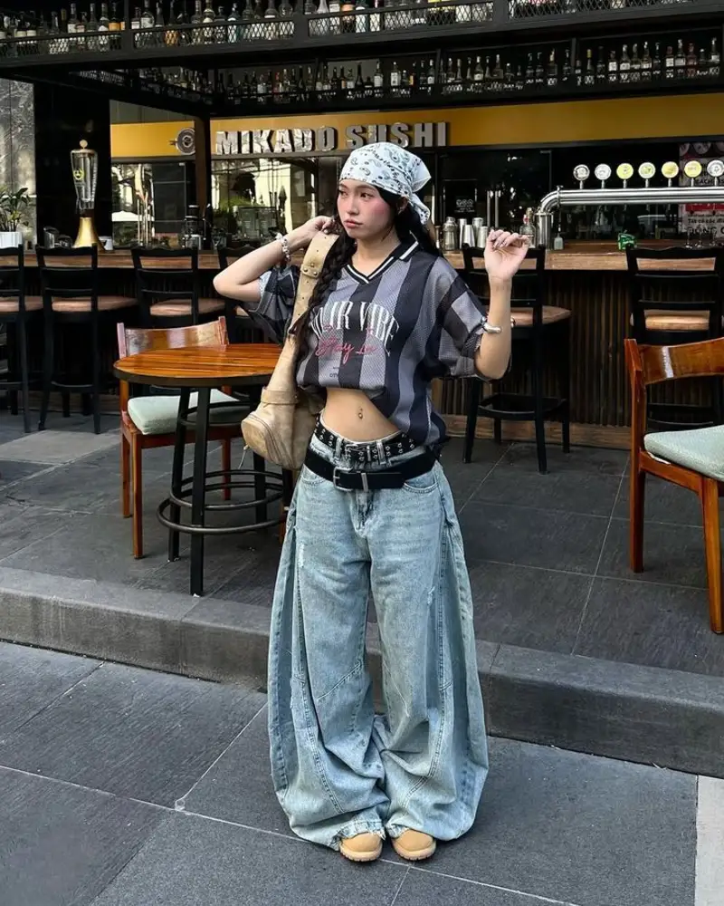 Striped Polo with Bandana and Baggy Denim