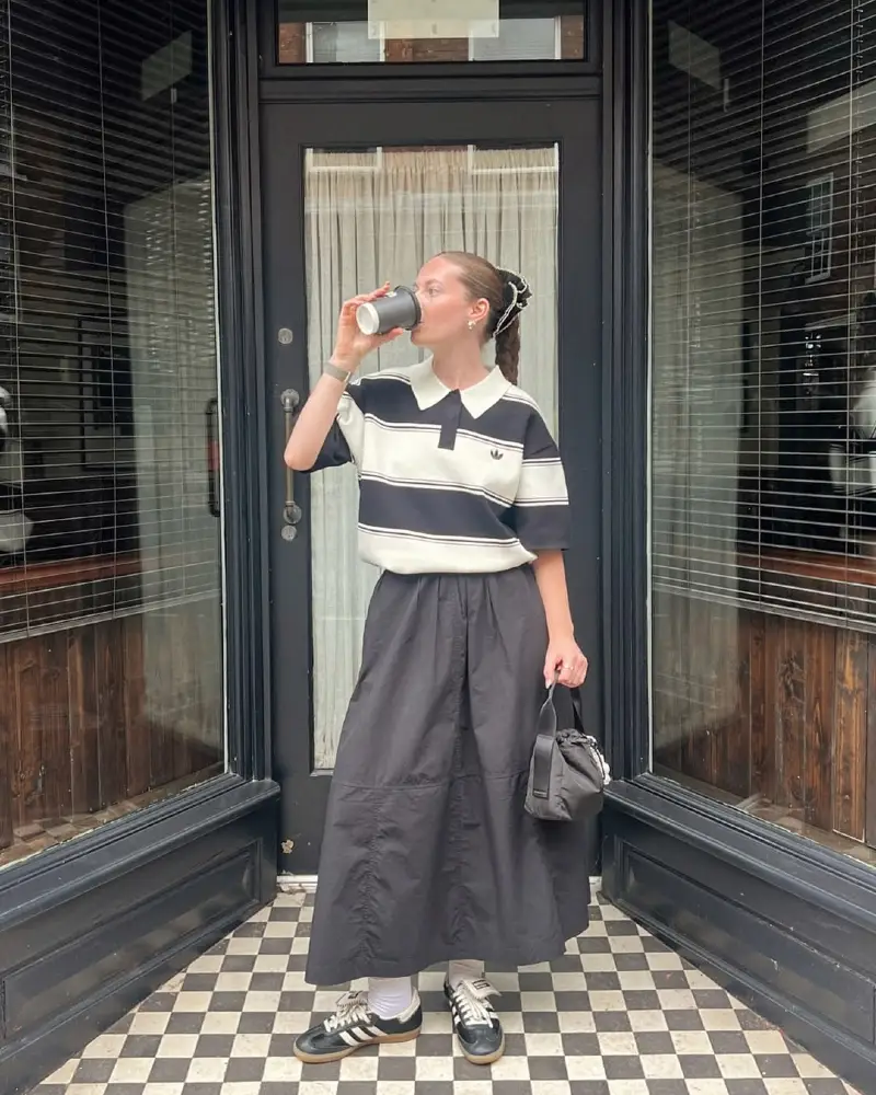 Striped Rugby Polo with a Voluminous Midi Skirt