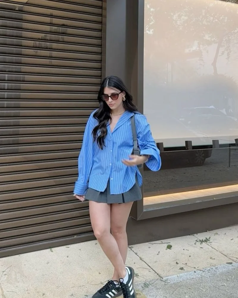Striped Shirt & Pleated Mini Skirt