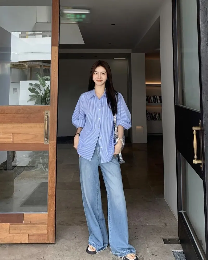 Striped Shirt & Wide-Leg Denim