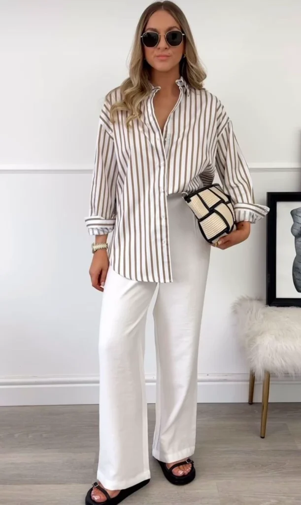 Striped Shirt and White Wide-Leg Trousers with Platforms