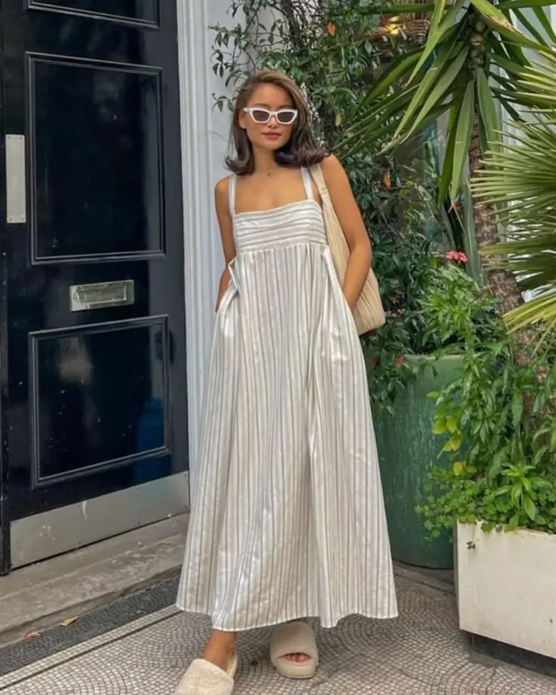 Striped Sundress & Woven Tote