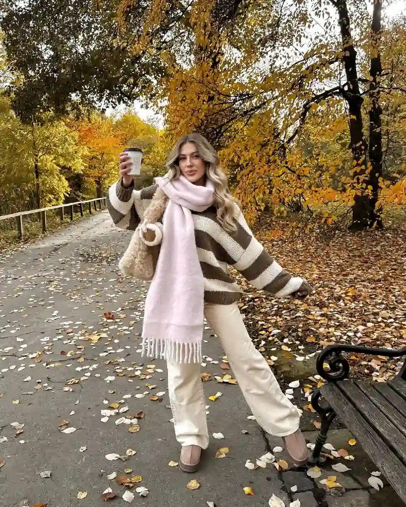 Striped Sweater + Pink Scarf + Cream Pants