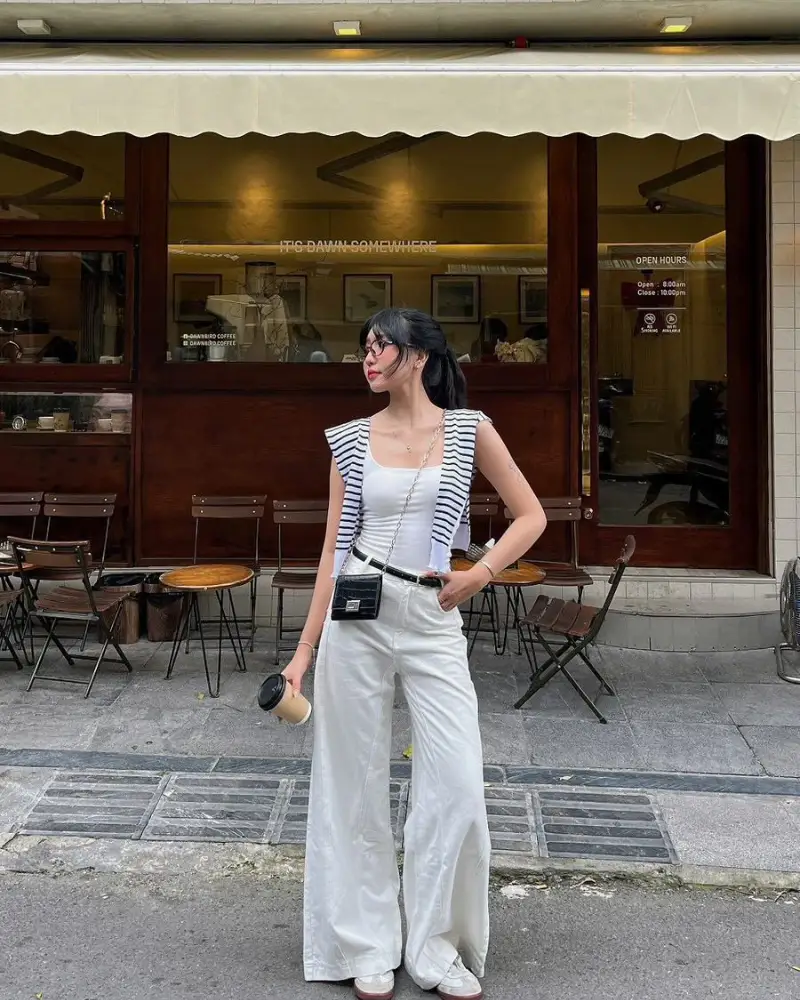  Striped Vest & White Wide-Leg