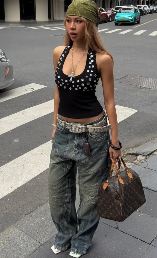 Studded Halter Top with Bandana and Olive Denim