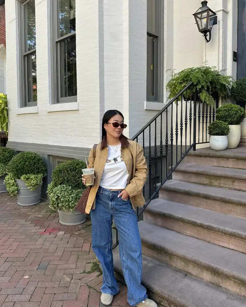 Tan Barn Jacket with Wide-Leg Jeans