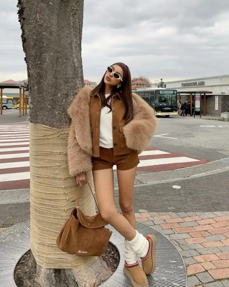 Tan Fur Jacket & Suede Shorts