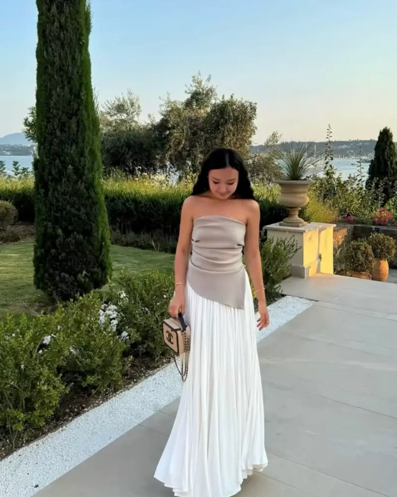 Taupe Bustier and White Pleated Skirt