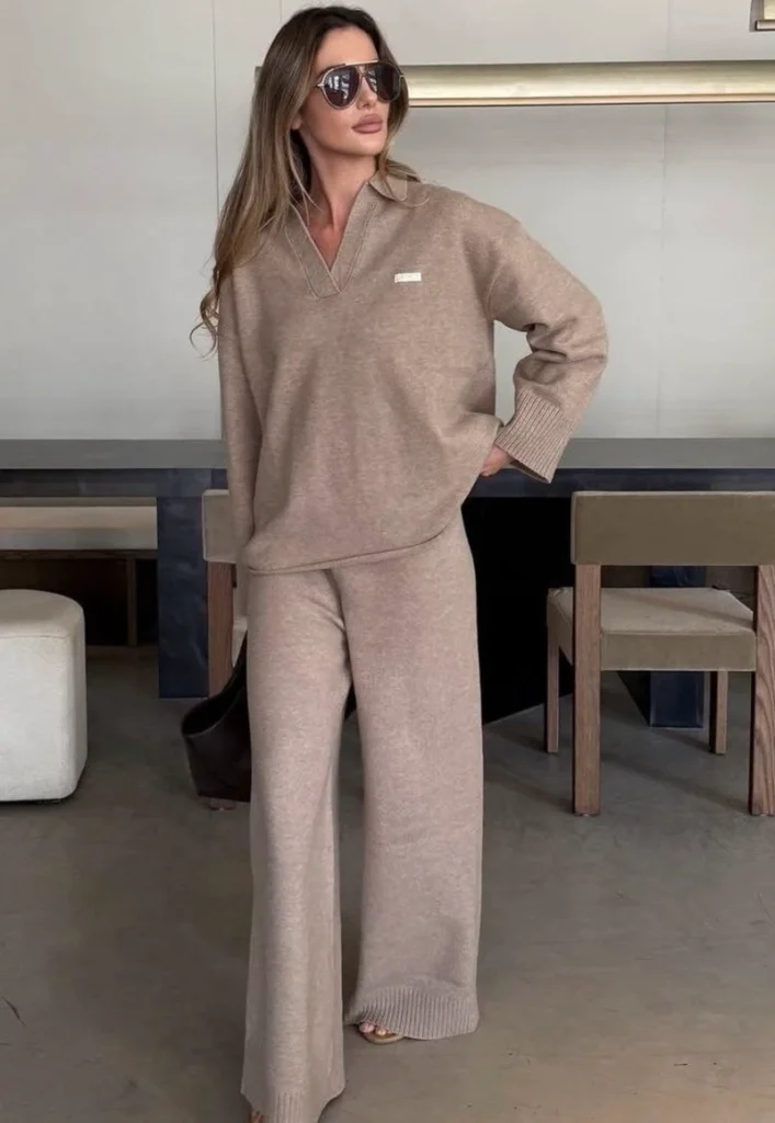 Taupe Knit Set With Wide Leg Trousers