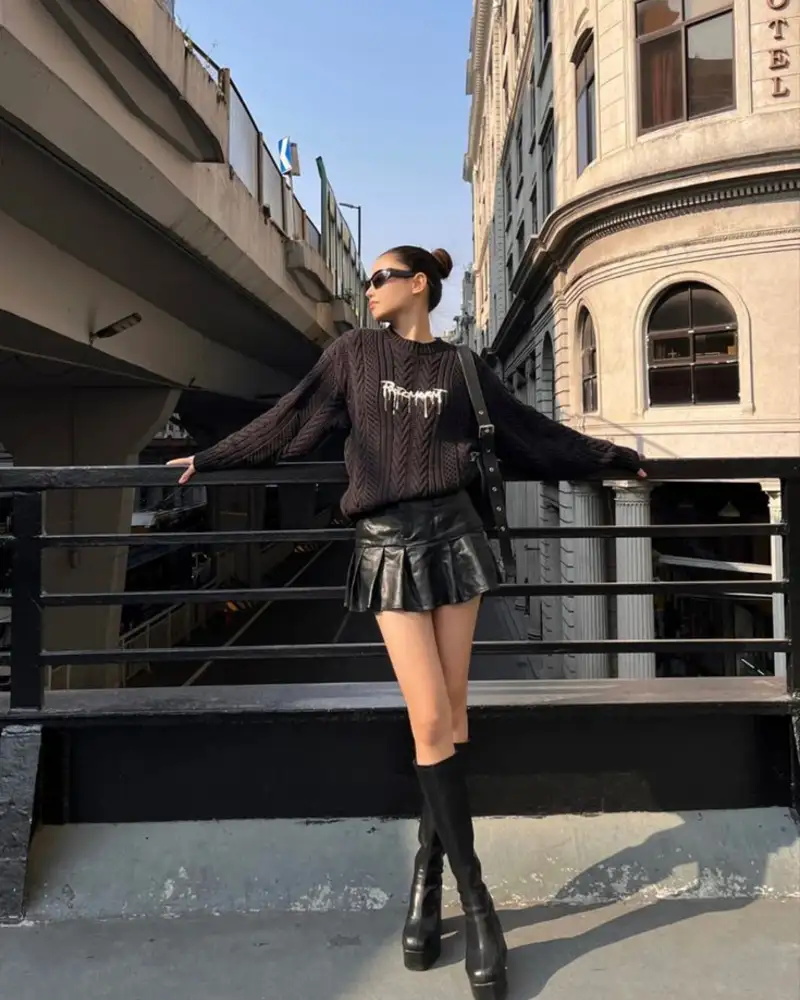 Text Graphic Sweater with Leather Mini Skirt