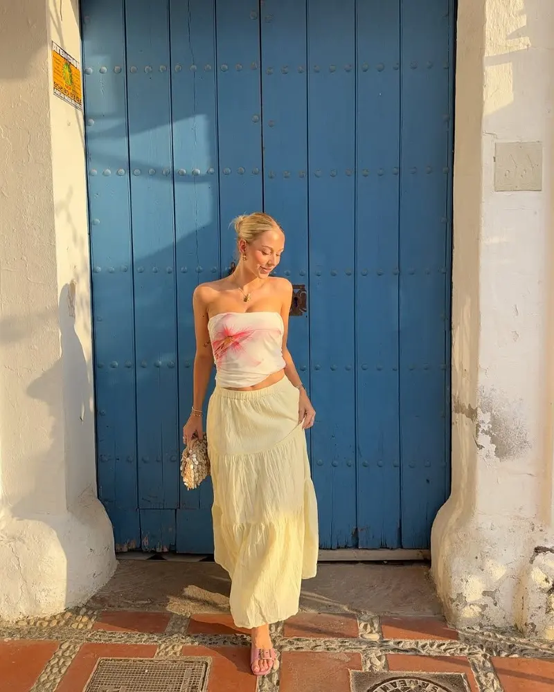Tie-Dye Bandeau & Pale Yellow Maxi Skirt