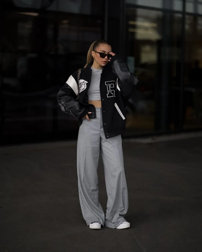 Varsity Jacket With Wide-Leg Trousers