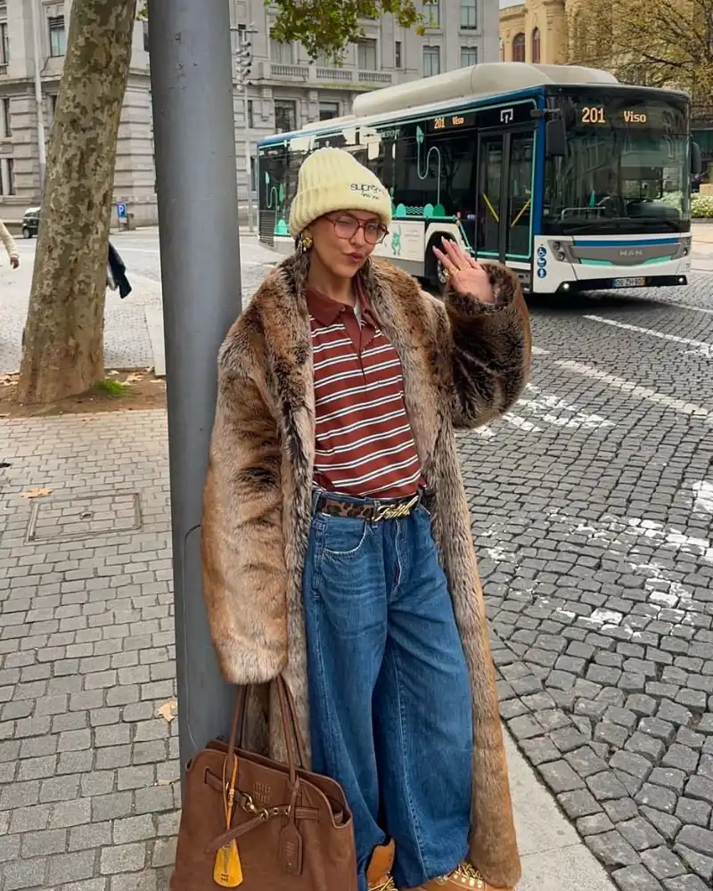 Vintage Fur Coat and Striped Polo