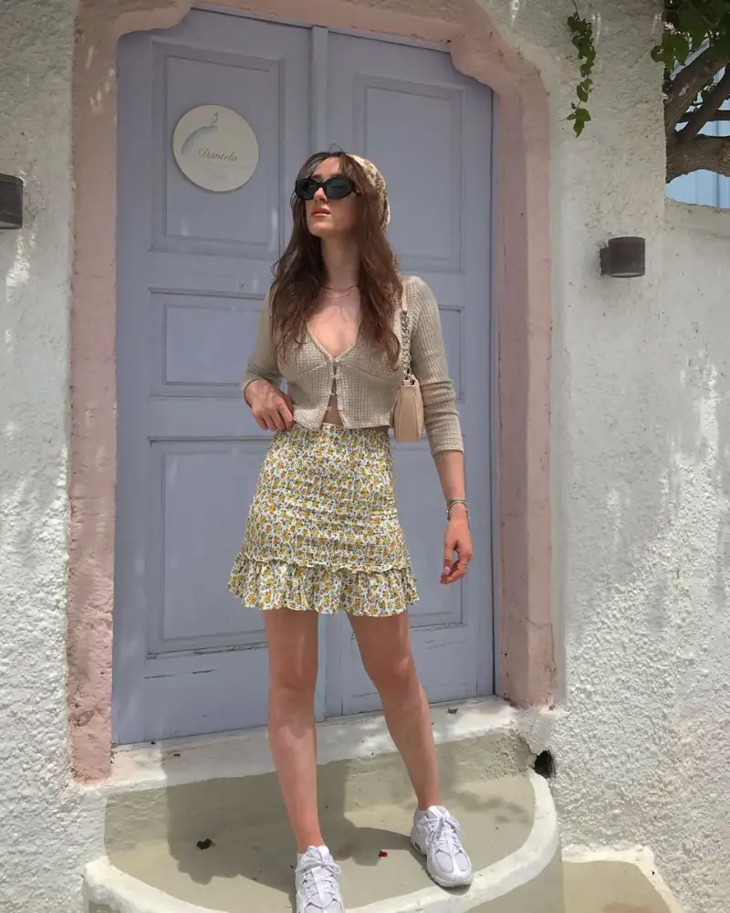 Waffle Cardigan & Floral Mini Skirt