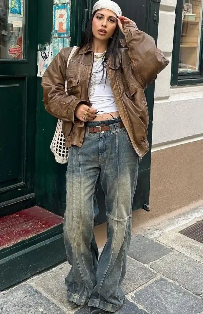 Weathered Leather Jacket + Seamed Denim