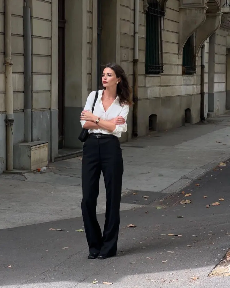  White Blouse + Black Wide-Leg Trousers