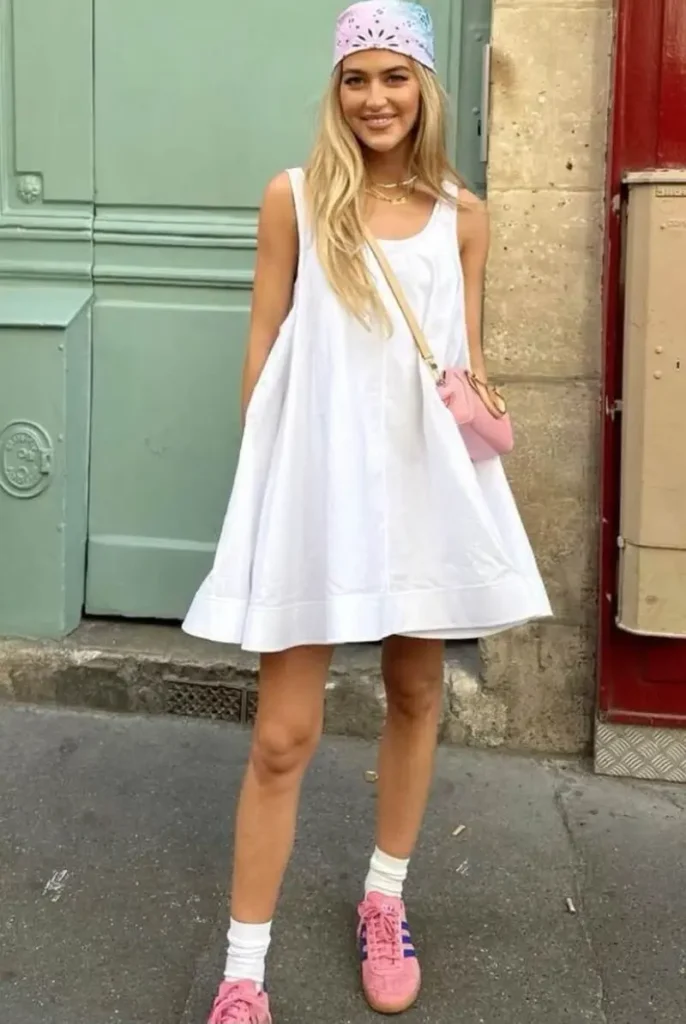 White Mini Dress With Pink Sneakers