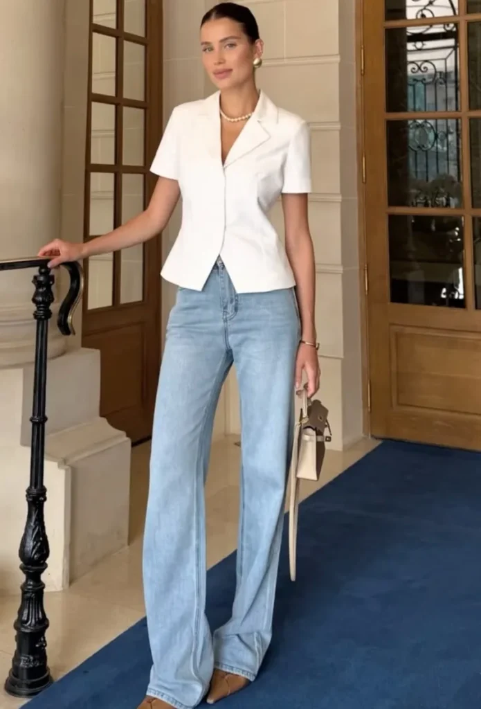 White Structured Top + Light Wash Wide-Leg Jeans