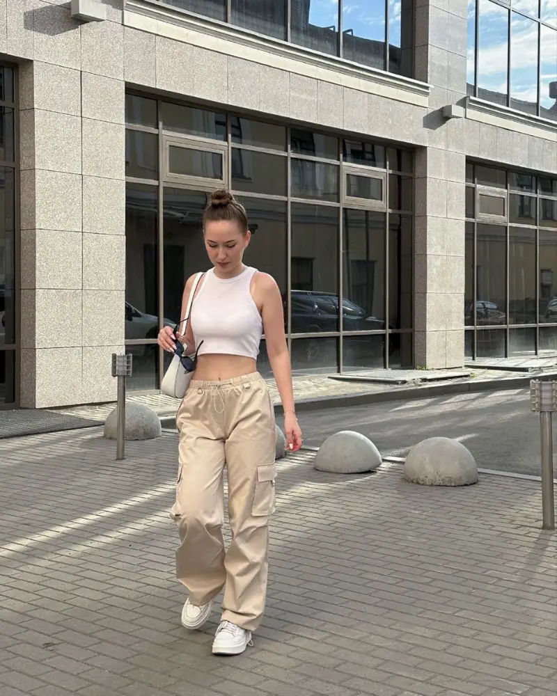 White Tank & Beige Cargo Pants