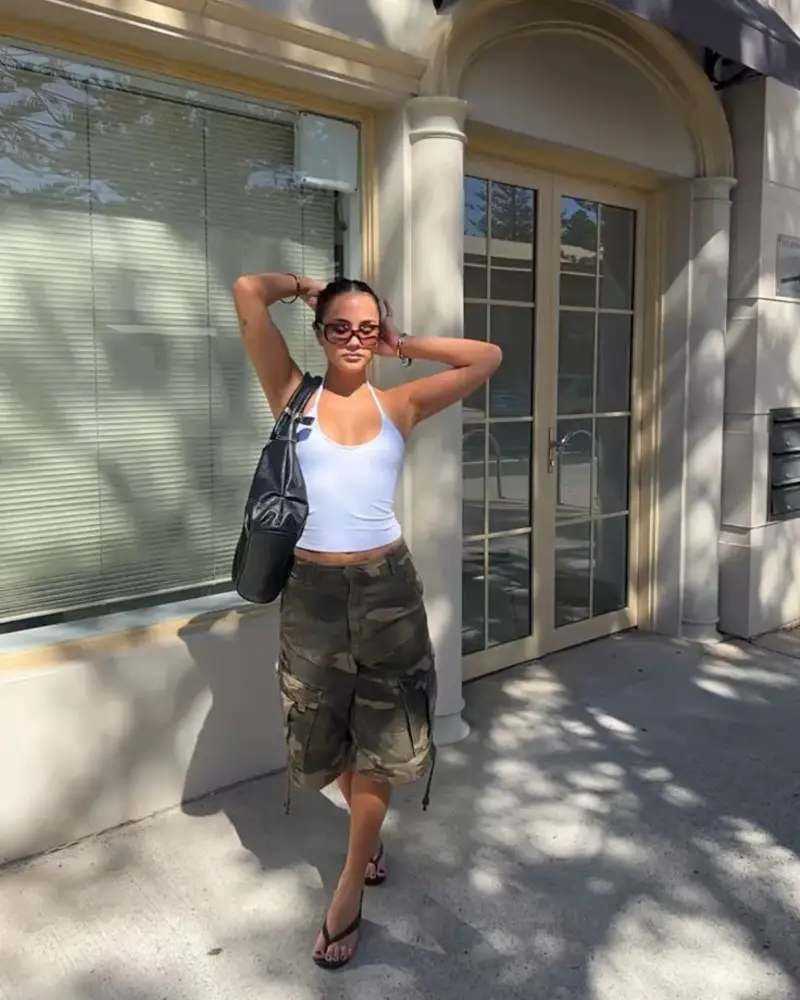 White Tank + Camo Cargo Shorts